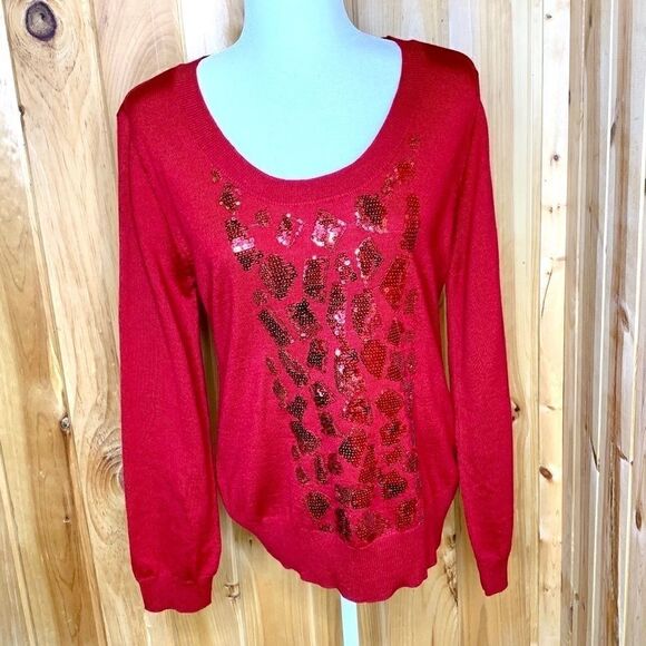 Calvin Klein red wool blend sweater with sequins L - Picture 1 of 8